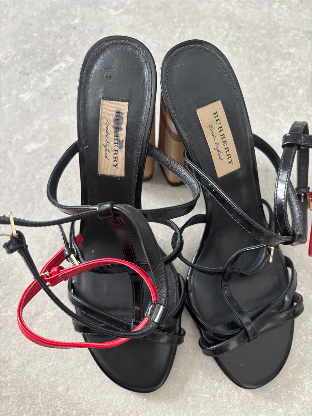 Burberry authentic Anthea Black & Red Strappy Plaid Block Heel Sandals - Picture 8 of 8